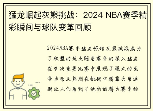 猛龙崛起灰熊挑战：2024 NBA赛季精彩瞬间与球队变革回顾